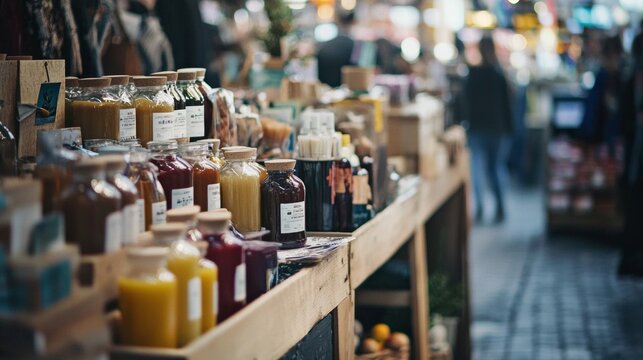 Handmade soap display at a bustling market