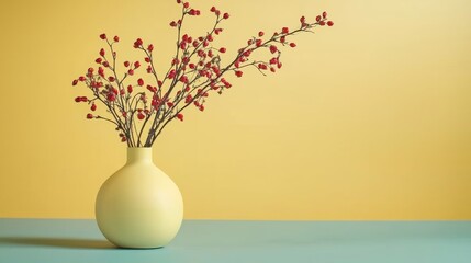 Yellow vase with cherry blossoms against pastel tones