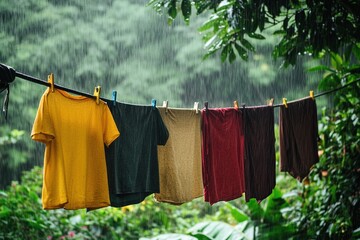 Rain-Soaked Clothes Drying on a Line Outdoors in Lush Greenery