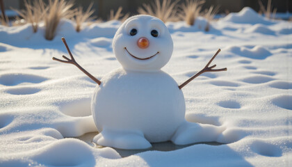 Snowman melting in sunlight, forming puddles and drooping features