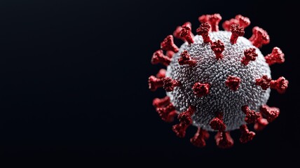 A detailed rendering of a virus particle, showcasing spike proteins against a dark background, emphasizing its complex structure.