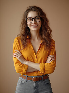 Mujer casta&ntilde;a, joven y sonriente con gafas, brazos cruzados y ropa casual, posando con confianza sobre un fondo beige.

