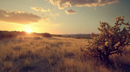 Cholla Cactus in the Southwest Desert. Natural Landscape with Colorful Sunrise Sky