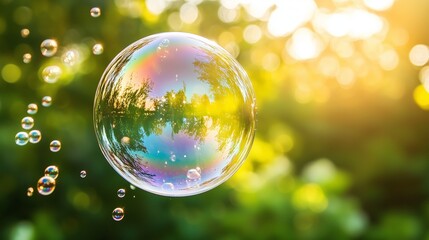 Close up image of bubble. Bubble soap with sprinkling of bubbles. A transparent background with a sand castle. A detailed photo of a bubble lifestyle.