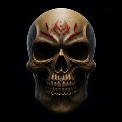 Obraz premium A Detailed 3D Render of a Brown Skull with Red Tribal Markings Against a Black Background