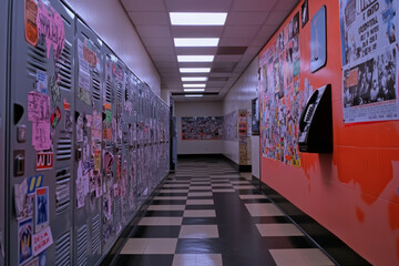A 90s high school hallway with metal lockers covered in stickers, a checkered tile floor, motivational posters, and a payphone mounted on the wall.