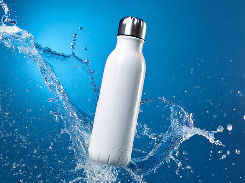 Botella termica blanca foto de maqueta salpicadura de agua fotograf&iacute;a de producto fondo azul flotando en el aire