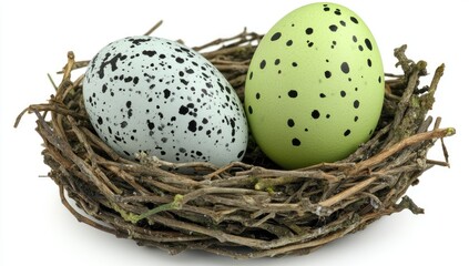 Obraz premium Two speckled eggs in a nest on white background