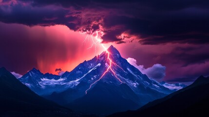 Majestic Peak Storm - Dramatic lightning illuminates a snow-capped mountain peak. Symbolizing power, nature, resilience, awe, and tranquility