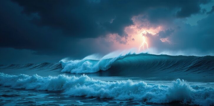 Darkening sky with stormy clouds and lightning illuminates the oncoming wave, stormy weather, rough seas, heavy rainfall