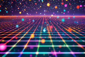 Obraz premium A dynamic 90s roller rink floor pattern with neon gridlines, scattered confetti-like dots, and glowing reflections from colorful disco lights overhead, creating a nostalgic party vibe.