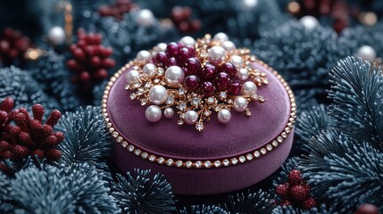 Jewel-encrusted box nestled in festive greenery
