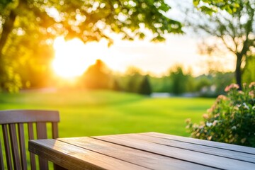 Naklejka premium Sunset Garden Table: Peaceful Evening Ambiance - Serene sunset view, wooden table, garden setting, tranquility, relaxation. Symbolising peace, nature, home, comfort, and summer