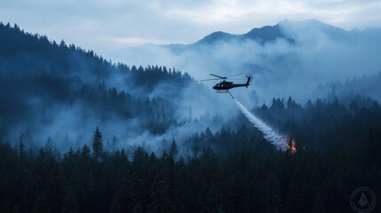Helicopter Deploys Water to Combat Forest Fire in Misty Mountain Landscape