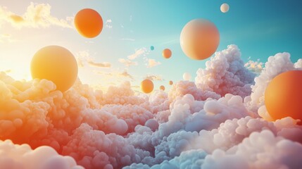 Fantasy landscape with floating spheres in the sky