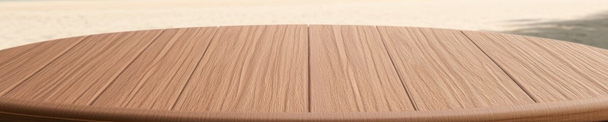 Naklejka premium Round Wooden Tabletop Beach Scene Mockup for Product Display