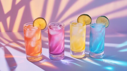 Colorful cocktails in tall glasses with ice and citrus garnishes, illuminated by vibrant shadows