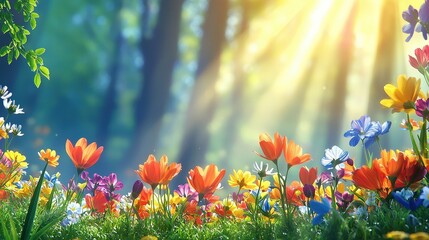 A vibrant field of colorful flowers, illuminated by soft sunlight, creating a serene and picturesque natural scene.