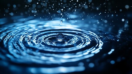 Water Droplet Impact Ripple Effect - Close-up of a water droplet impacting a still surface, creating concentric ripples. Dark blue tones