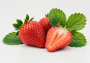 Two red strawberries and half of them cut, green strawberry leaves in the background, isolated on white background