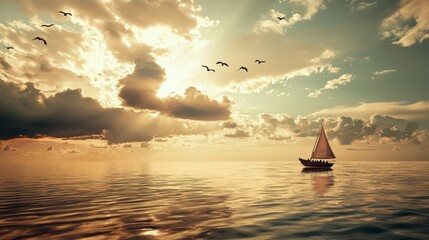 Sailing boat at sunset on calm waters