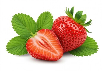 Fresh red strawberries with green leaves and half a strawberry cut lengthwise, isolated on white background