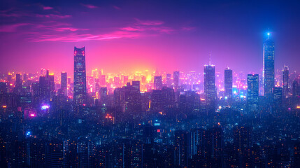 Obraz premium Vibrant city skyline at twilight, urban landscape, night cityscape, aerial view, background for travel brochure