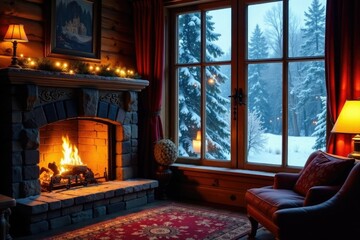 Cozy fireplace in front of a snowy window with a lamp on the side table, snug, windowpane