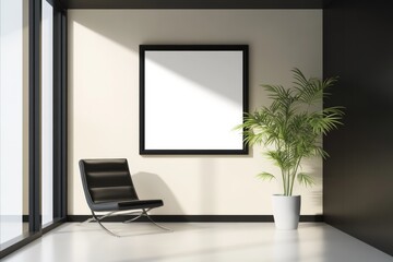 Empty frame mockup in a modern room interior featuring a sleek black chair and a potted plant for wall art display opportunities