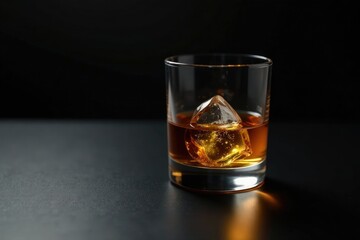 Black glass surface reflects shiny whiskey glass, whiskey glass, smooth