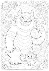 Obraz premium Friendly Cyclops Monster and Small Cute Companion in a Fantasy World Coloring Page