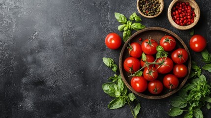 Fresh tomatoes and spices on dark background