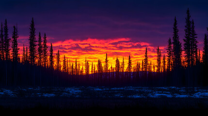 Vibrant sunset over snowy forest, boreal landscape, winter scene, nature photography, travel