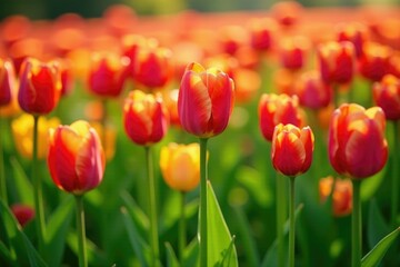 Colorful tulips in full bloom with lush grass, nature scene, colorful tulips, grass