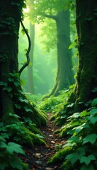 Vines and creepers snaking through the forest floor, greenery, woodland