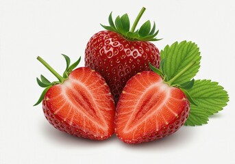 Close-up photo of a ripe strawberry with two cut halves, neatly arranged on a white background