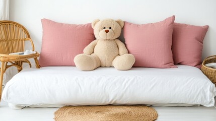 Comforting Teddy Bear Decor On White Bed With Pink Pillows in Bright Cozy Room