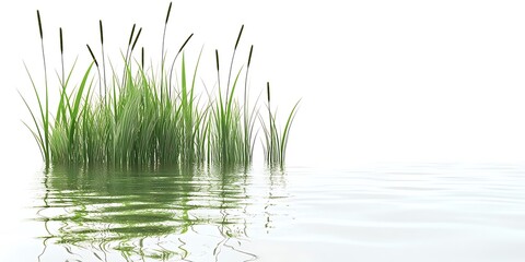 A clean white background with a vibrant green wetland icon featuring reeds and flowing water