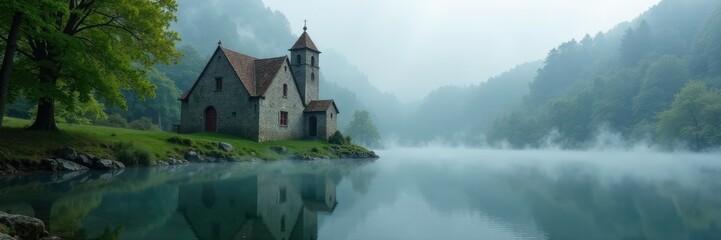 Ancient church with misty veil covering the pond's surface, ancient church, water, forest