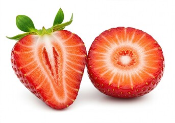 A strawberry with two slices, lengthwise and crosswise, close-up of the strawberry on a white background