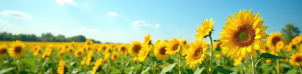 Fototapeta premium Sunflowers sway gently in the breeze under clear blue skies, field, atmosphere