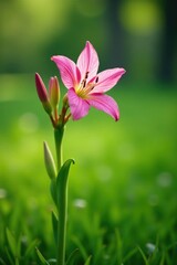 Fototapeta premium Delicate pink amarcrinum flower in a green meadow, , floral arrangement