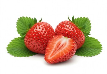 Two red strawberries and half of them cut, green strawberry leaves in the background, isolated on white background