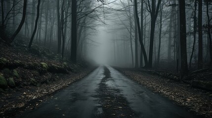 Naklejka premium mist dark forest road