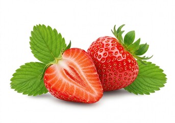 Fresh red strawberries with green leaves and half a strawberry cut lengthwise, isolated on white background