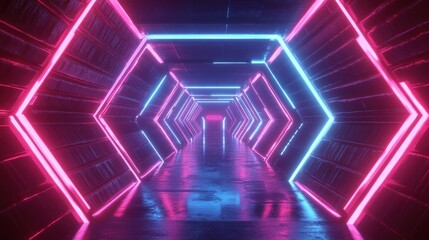 Obraz premium neon lights tunnel corridor pink blue sci-fi abstract background
