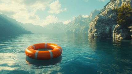 Obraz premium Bright orange life ring floats calmly on a serene lake
