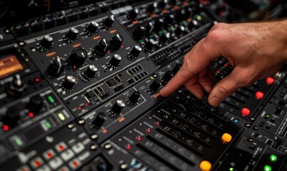 A musician adjusts an analog and digital mixer to test the sound system.