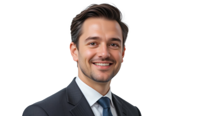 Smiling executive manager businessman in a suit, confident professional leader, happy corporate manager portrait, business executive isolated PNG, successful businessman smiling, corporate leader in s