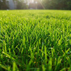 Fototapeta premium Close-up vibrant green grass lawn, natural greenery background texture of lawn garden. The lush blades of grass fill the frame. Lawn for training football pitch, Grass Golf Courses.